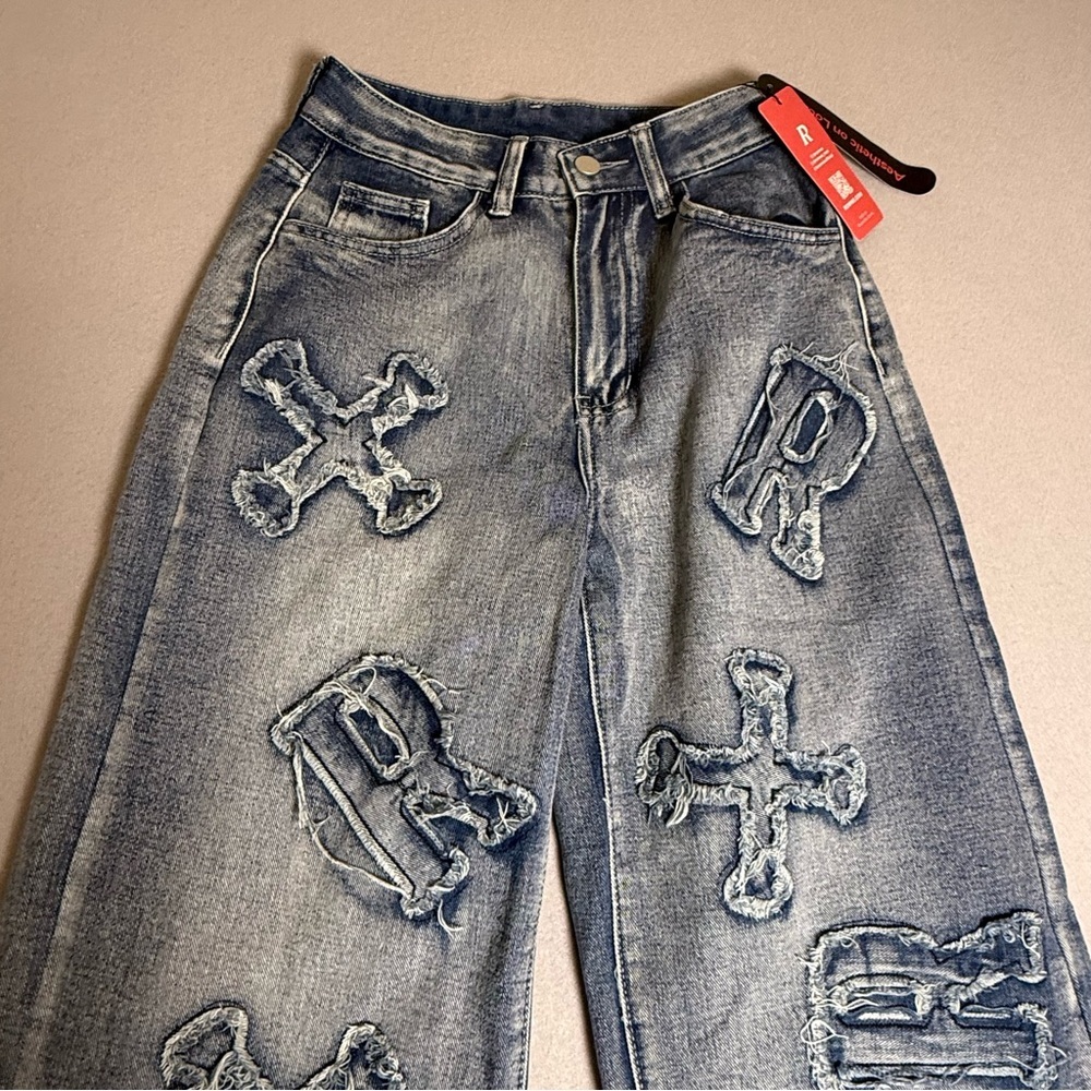 ROWME JEANS Patched Grunge Punk Letter Pattern Distressed Wide Leg Baggy 2 XS - Picture 4 of 11